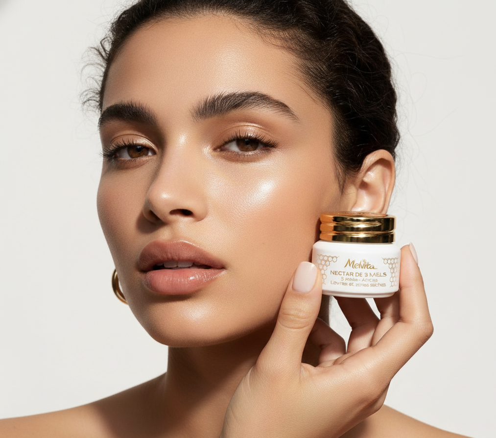 Portrait beauté d’une femme brune tenant un pot de crème, peau lumineuse