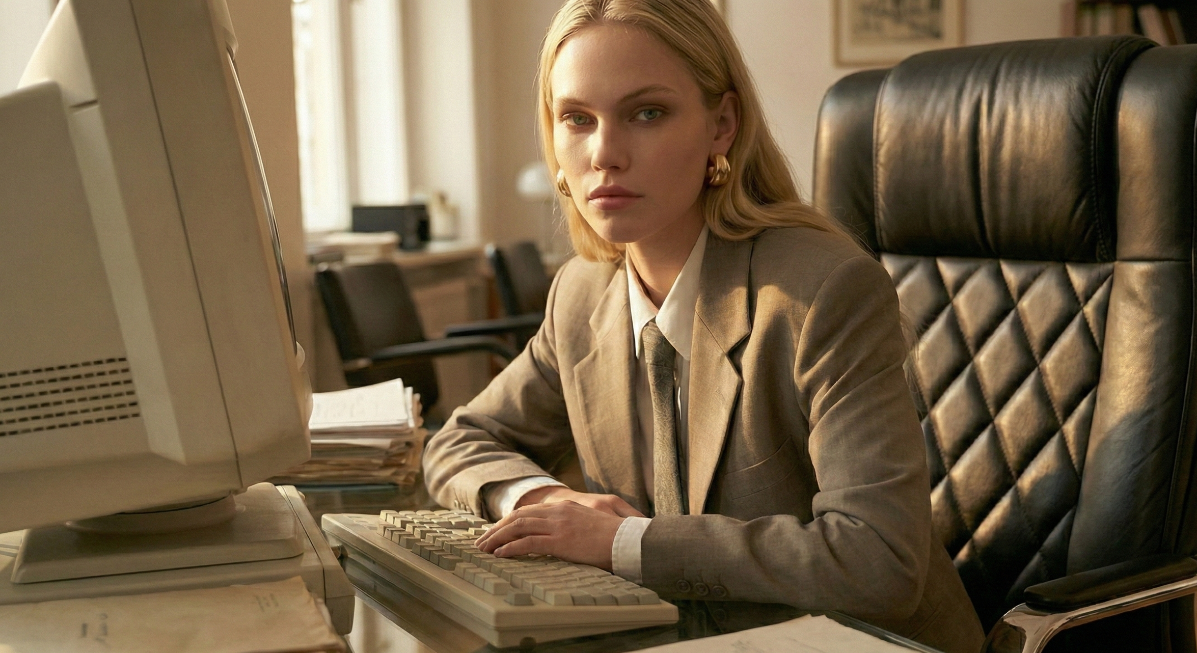 Femme blonde en tailleur beige assise à un bureau vintage avec ordinateur rétro, ambiance éditoriale