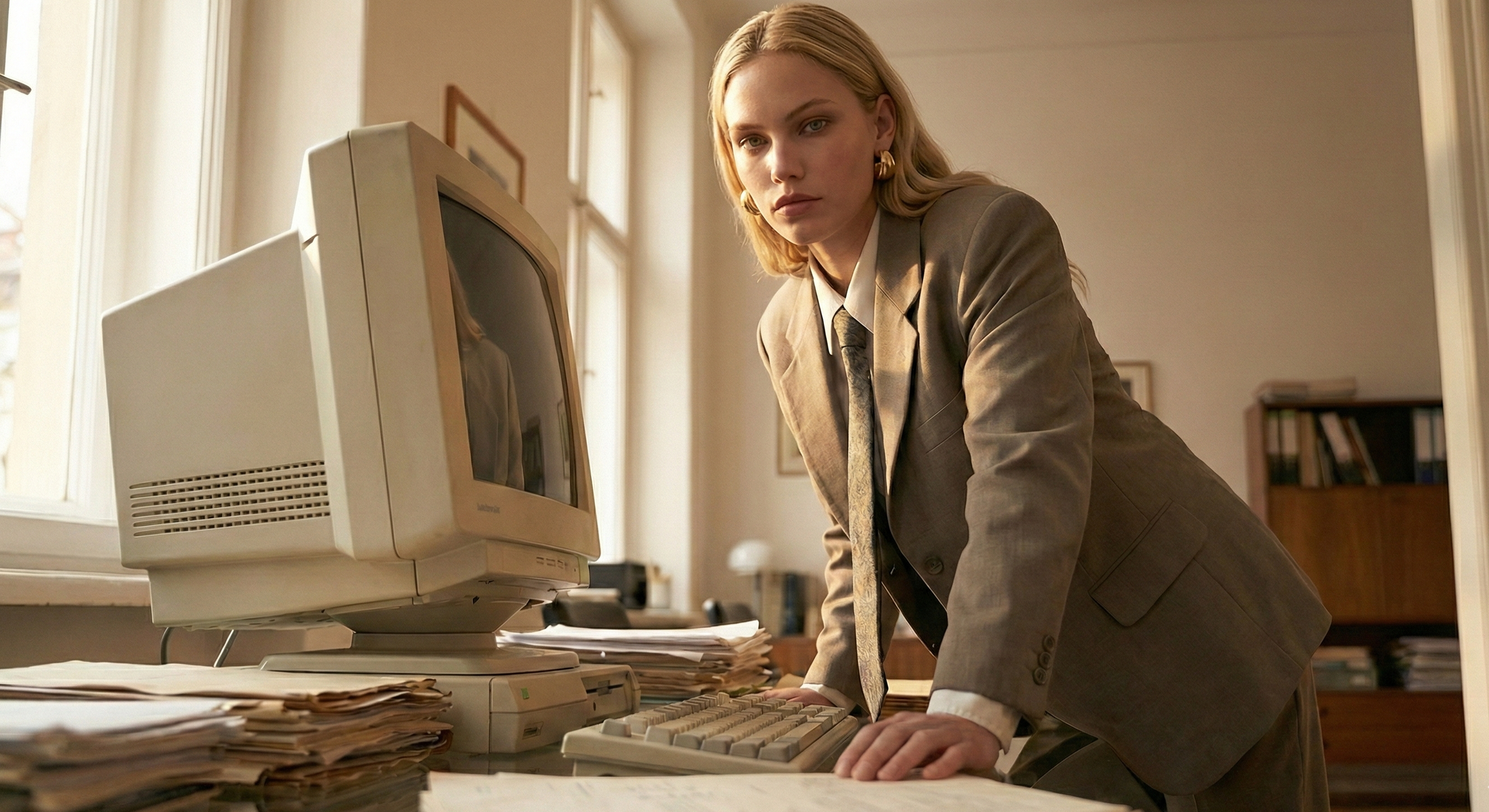 Femme blonde en tailleur beige penchée sur un bureau vintage, ambiance bureau années 80