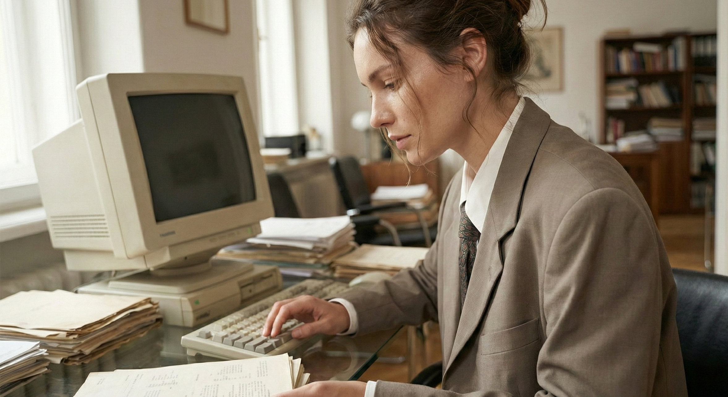 Femme brune en chemise et veste beige travaillant sur un clavier dans un bureau rétro