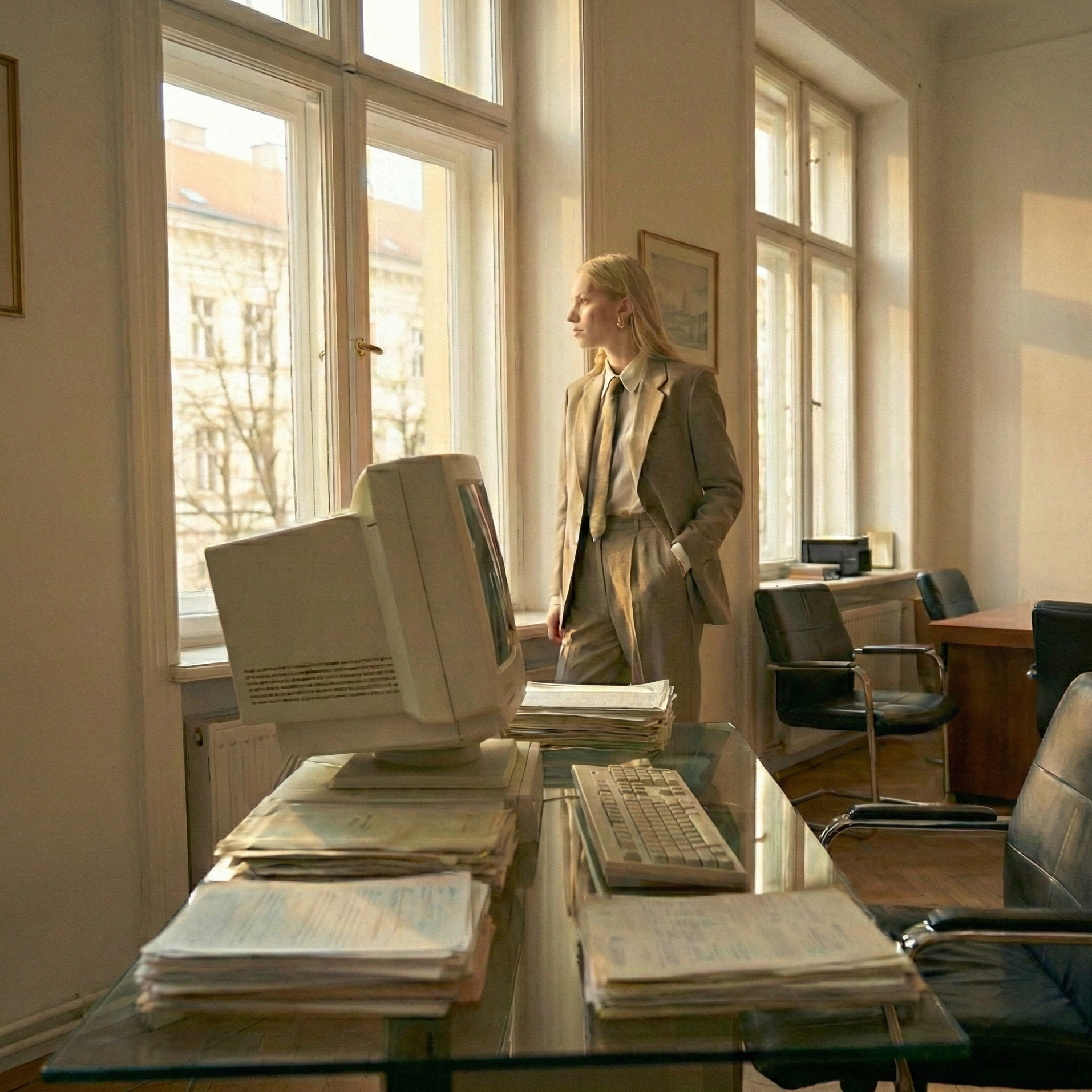 Bureau lumineux aux ordinateurs rétro, une femme en manteau beige près de la fenêtre