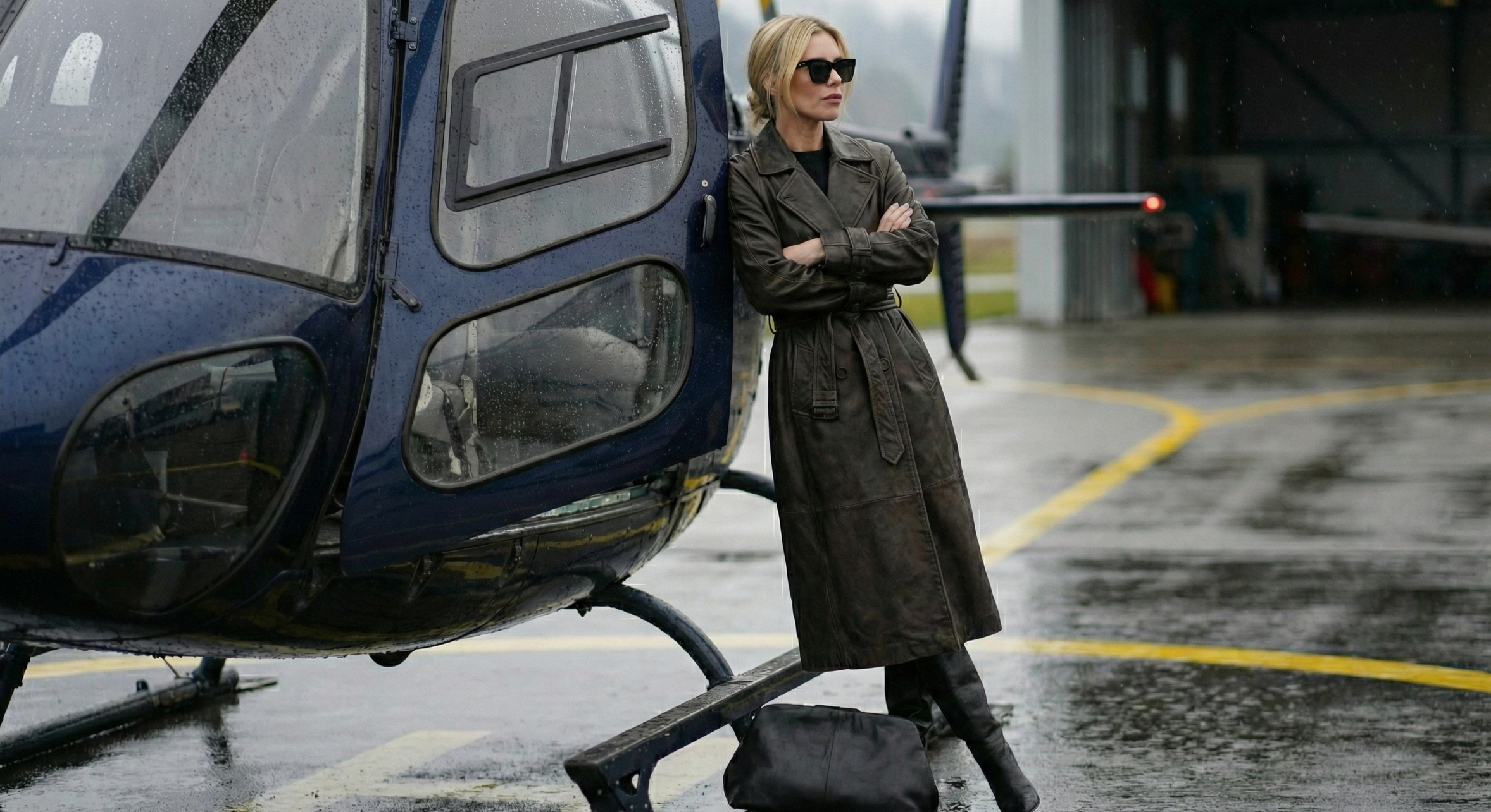 Femme en trench en cuir noir et lunettes de soleil posant devant un hélicoptère sur le tarmac