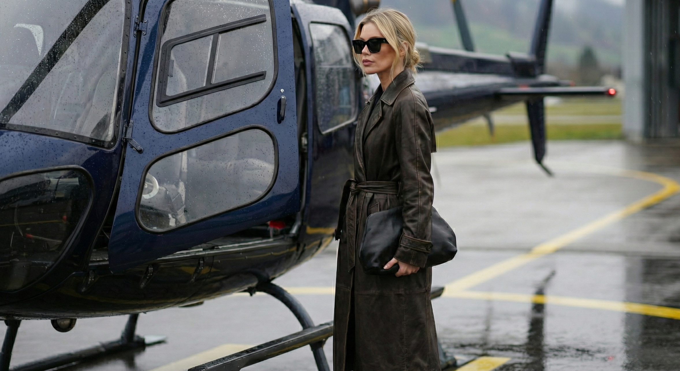 Femme en long manteau en cuir et lunettes de soleil devant un hélicoptère, sac noir à la main