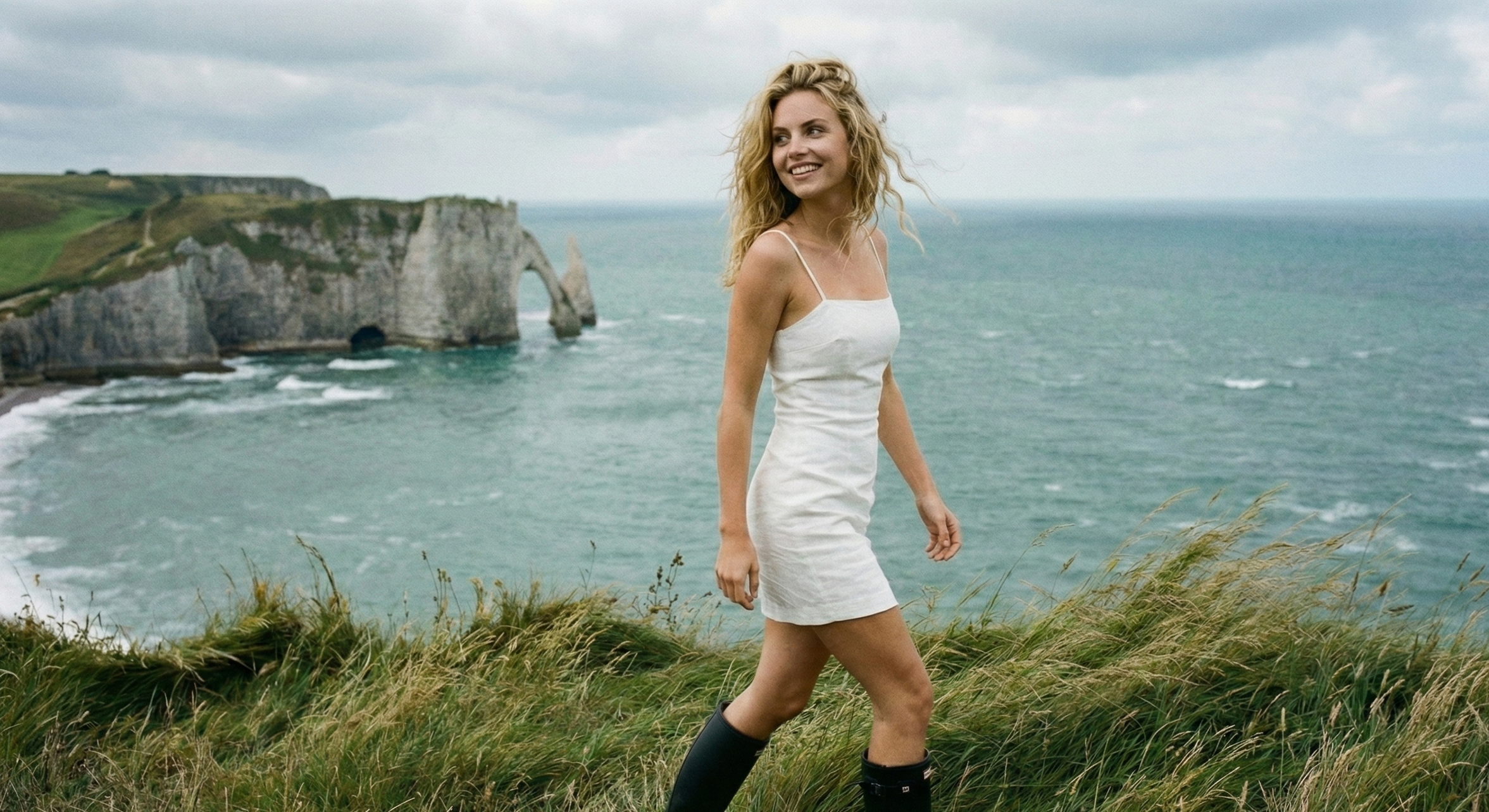 Femme blonde en robe blanche et bottes noires marchant sur une falaise, aiguille rocheuse en fond