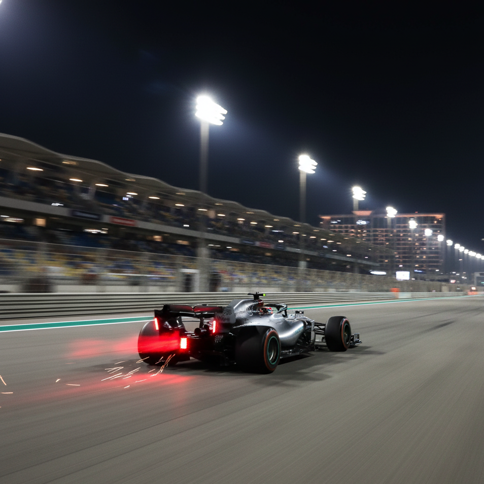 Monoplace sur un circuit de nuit éclairé par les projecteurs