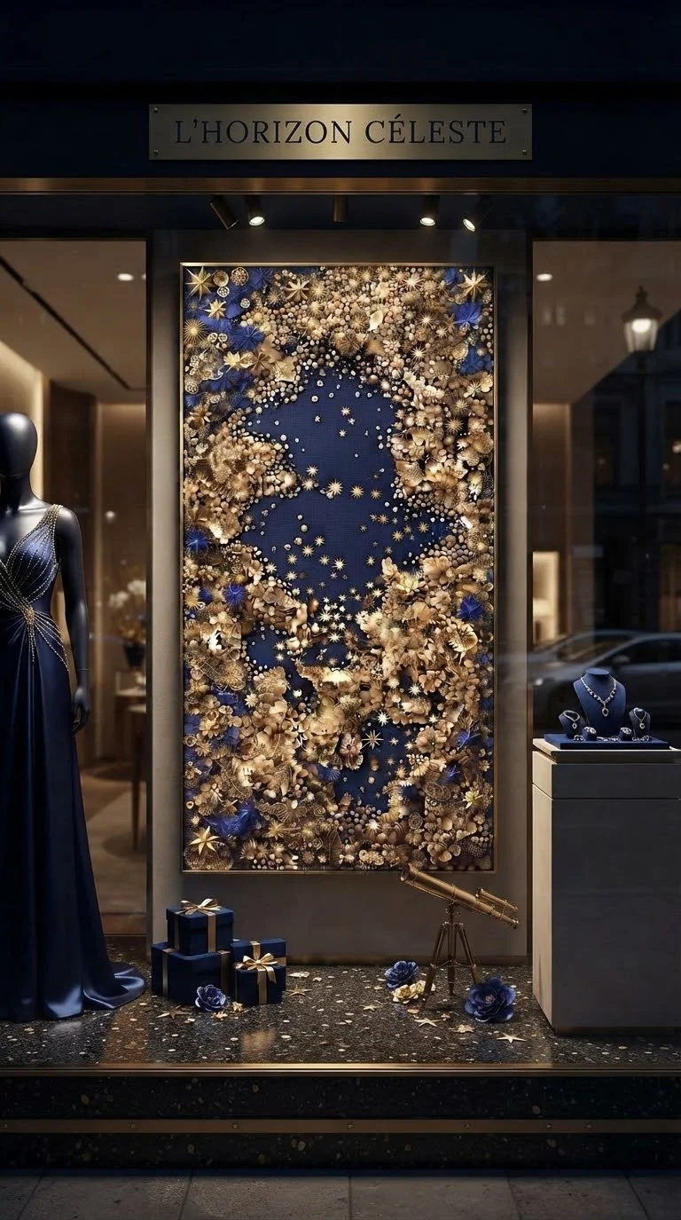 Vitrine de nuit avec un panneau doré et bleu nuit et un mannequin en robe bleue, décor upcyclé Maison Bel'Aura