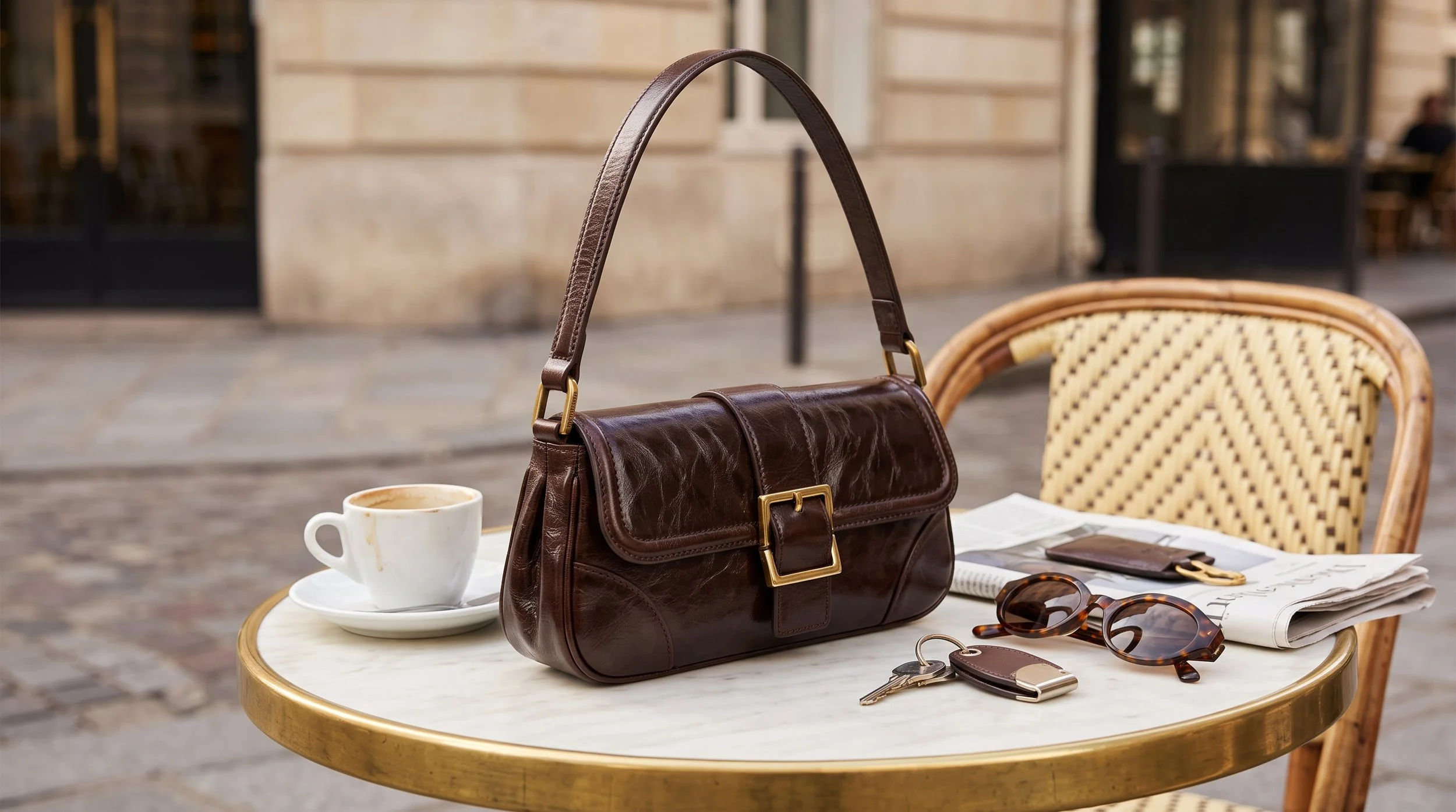 Sac en cuir marron posé sur une table de café parisien avec tasse, lunettes et clés, visuel lifestyle généré par IA