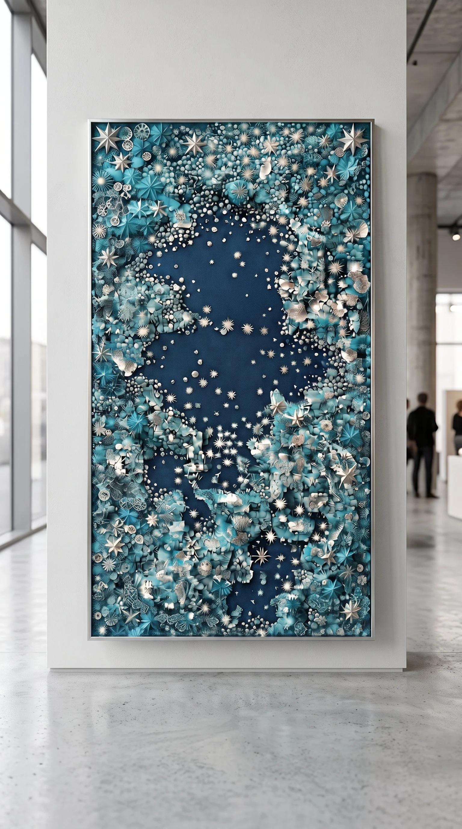 Panneau décoratif en relief bleu turquoise et argent dans un hall lumineux, décor upcyclé Maison Bel'Aura