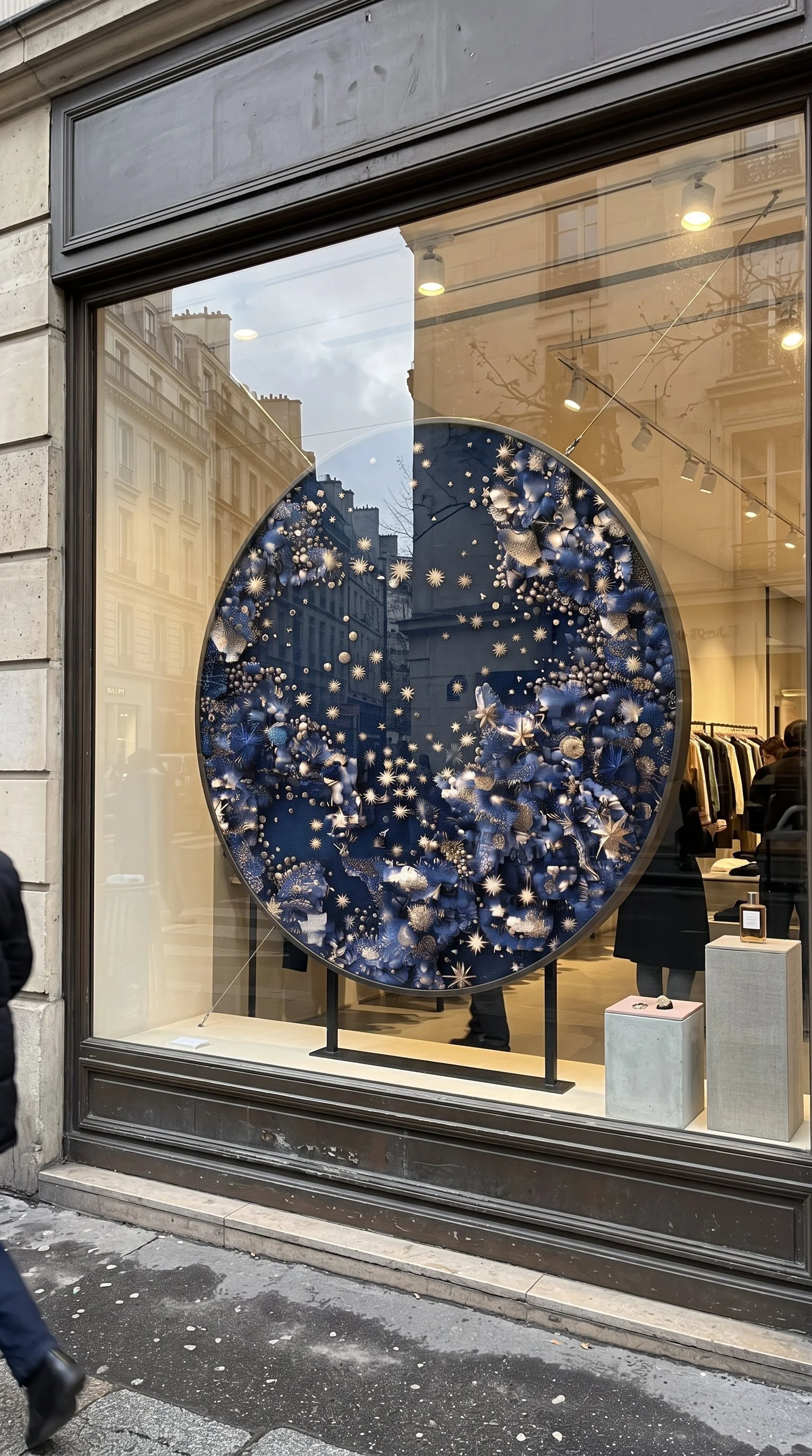 Vitrine de boutique avec un grand disque en relief bleu nuit et argent, PLV upcyclée Maison Bel'Aura