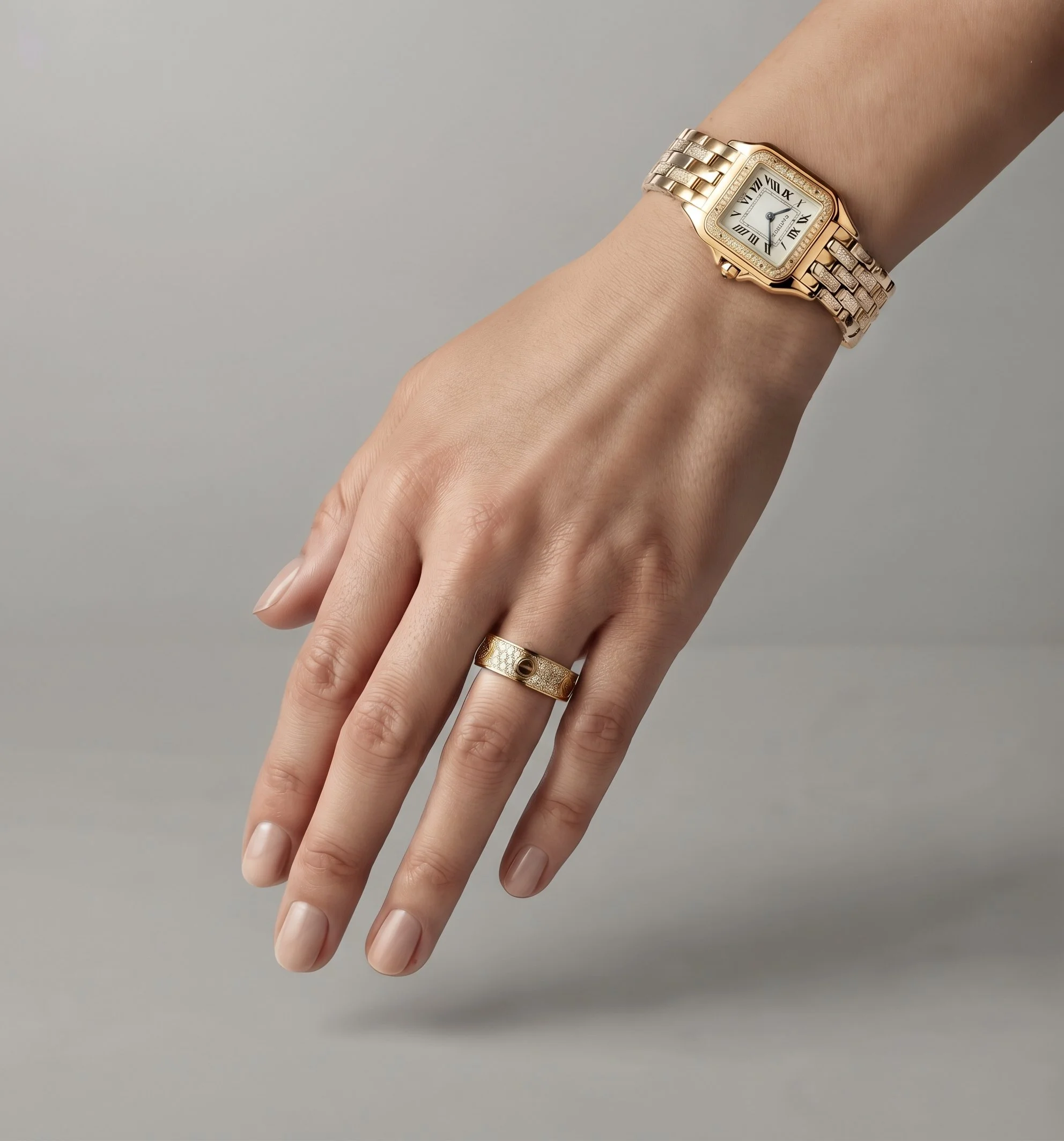 Main de femme portant une montre carrée et une bague en or sur fond gris épuré, visuel joaillerie généré par IA