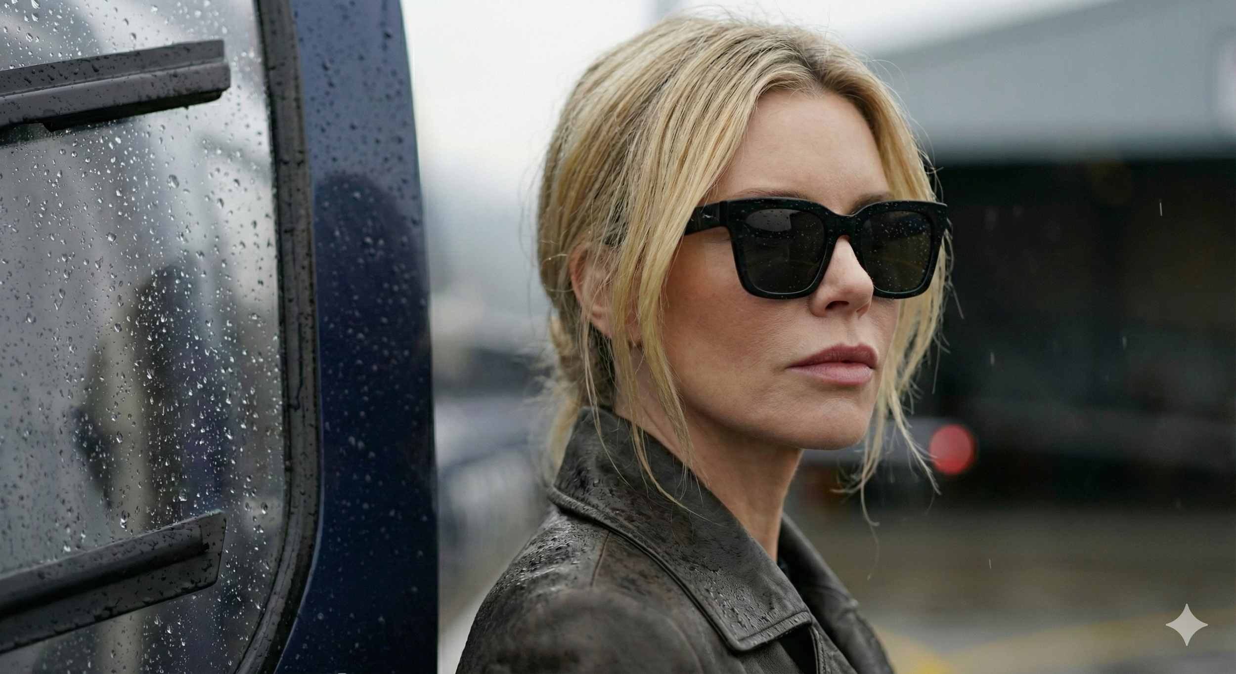 Portrait d’une femme blonde en lunettes de soleil et veste en cuir, visuel éditorial généré par IA