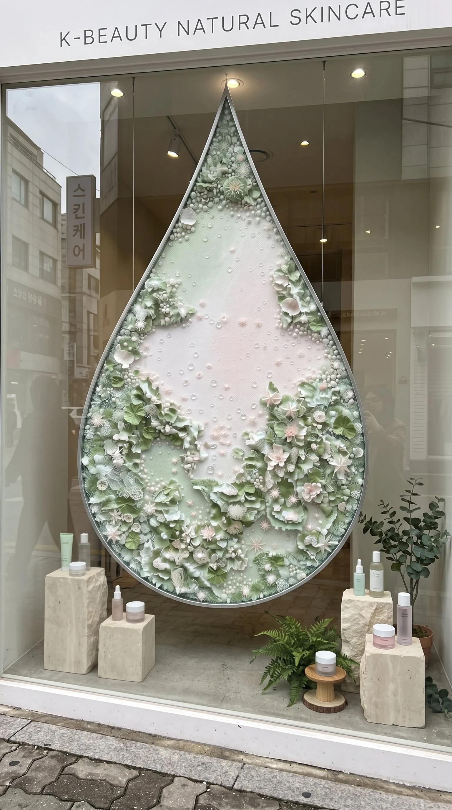 Vitrine de soins cosmétiques ornée d'une grande goutte en relief vert et blanc, PLV upcyclée Maison Bel'Aura