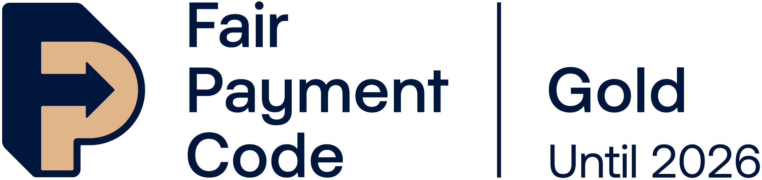 Fair Payment Code logo with a stylized 'F' in beige and blue, text indicating a payment code valid until 2026.