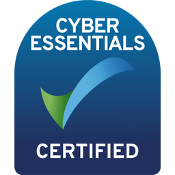 Cyber Essentials Certified badge with a blue background and checkmark graphic.