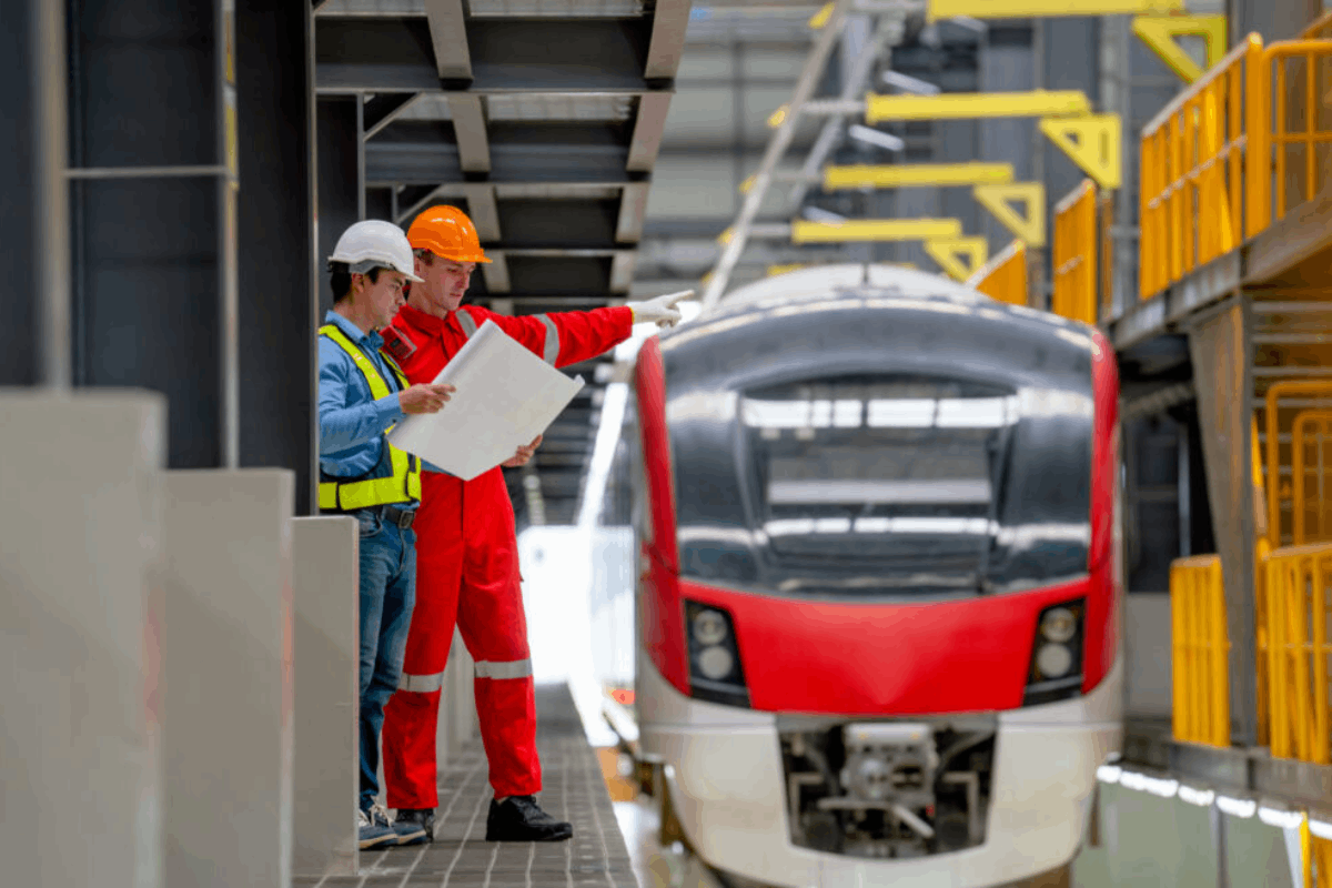 Two engineers or workers, one in a white helmet and one in an orange helmet, inspecting a document while standing on a train platform near a red and white train in a modern train depot or station.
