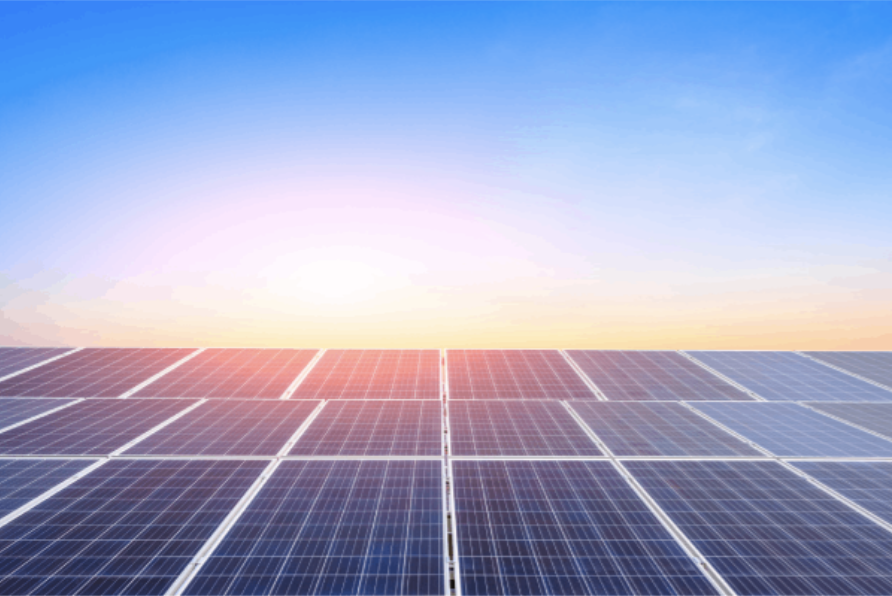 A field of solar panels with a sunrise or sunset sky.