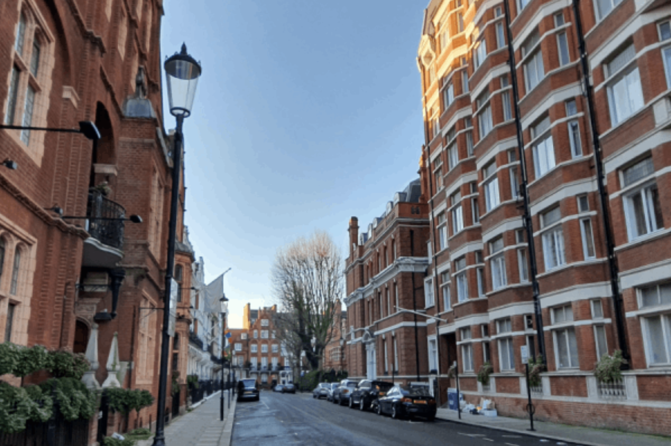 Street view with red brick buildings, parked cars, leafless trees, sidewalk lamps, and a blue sky.