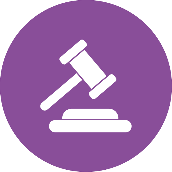Icon of a judge's gavel hitting a sound block, in white on a purple circular background.