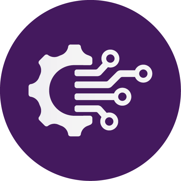 Icon of a gear combined with circuit lines on a purple circular background, representing technology or automation.