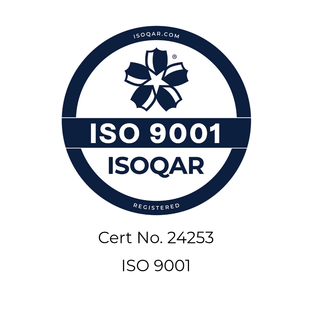 ISO 9001 ISOQAR certification badge with a floral logo at the top.