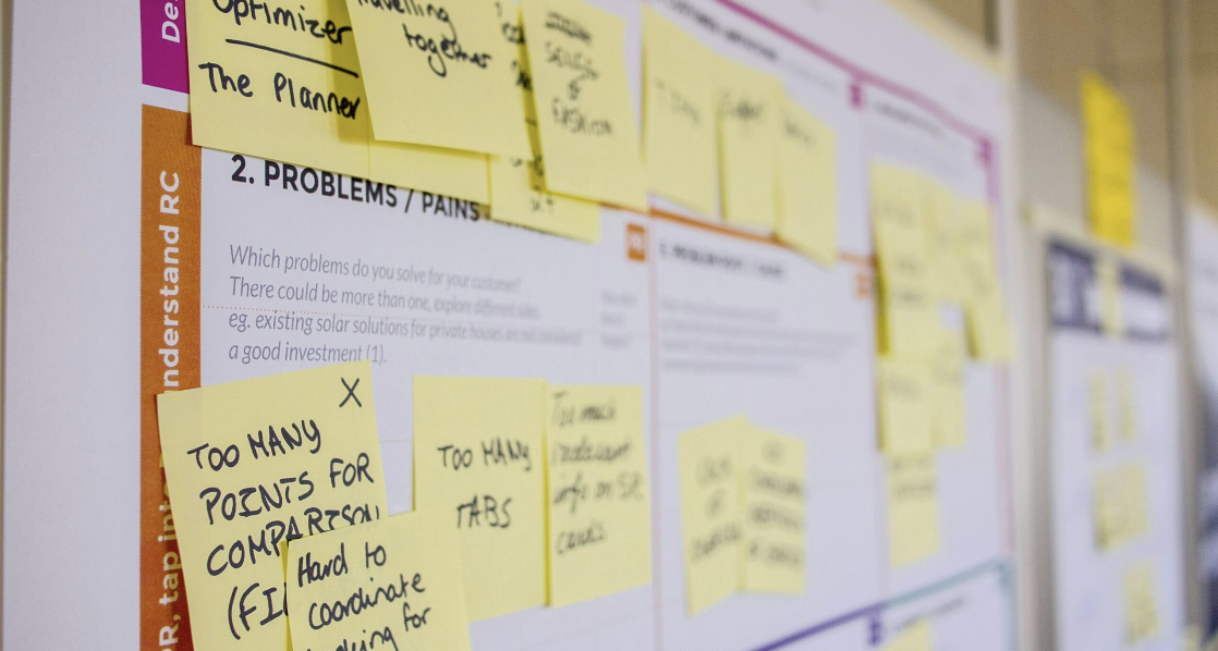 A whiteboard filled with numerous yellow sticky notes and some white notes, some handwritten, arranged in sections on a wall.