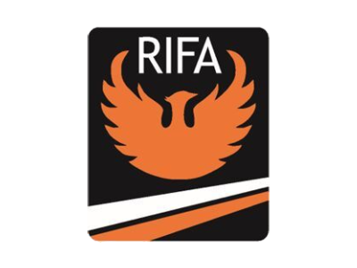 RIFA logo featuring an orange phoenix with wings spread, on a black background.