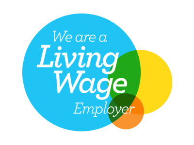 Graphic with overlapping circles in blue, green, yellow, and orange, featuring the text 'We are a Living Wage Employer'.