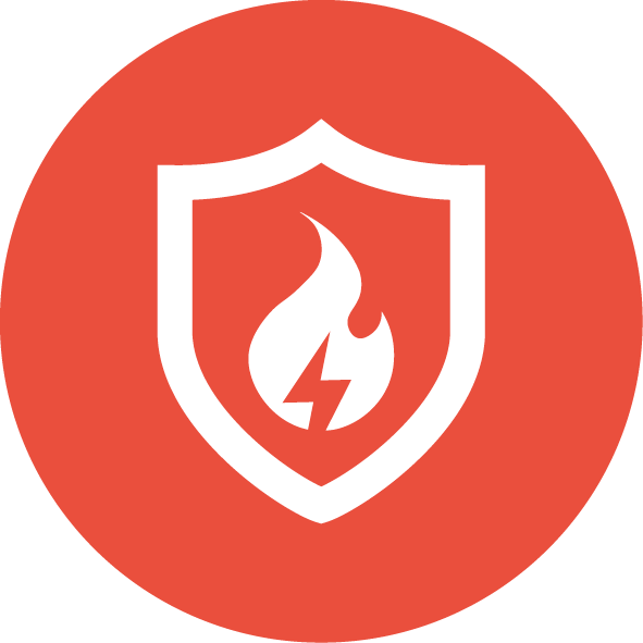 Red circular safety sign with a white shield and a flame with a lightning bolt, indicating fire safety.