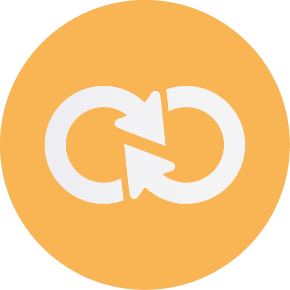 Icon of two white arrows forming a circle, symbolizing recycling or cycle, on an orange background.