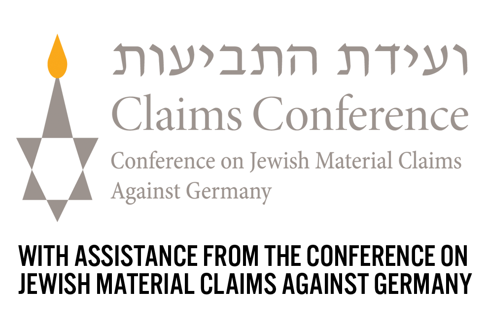 Logo of the Jewish Claims Conference with text stating 'With assistance from the Conference on Jewish Material Claims Against Germany'.