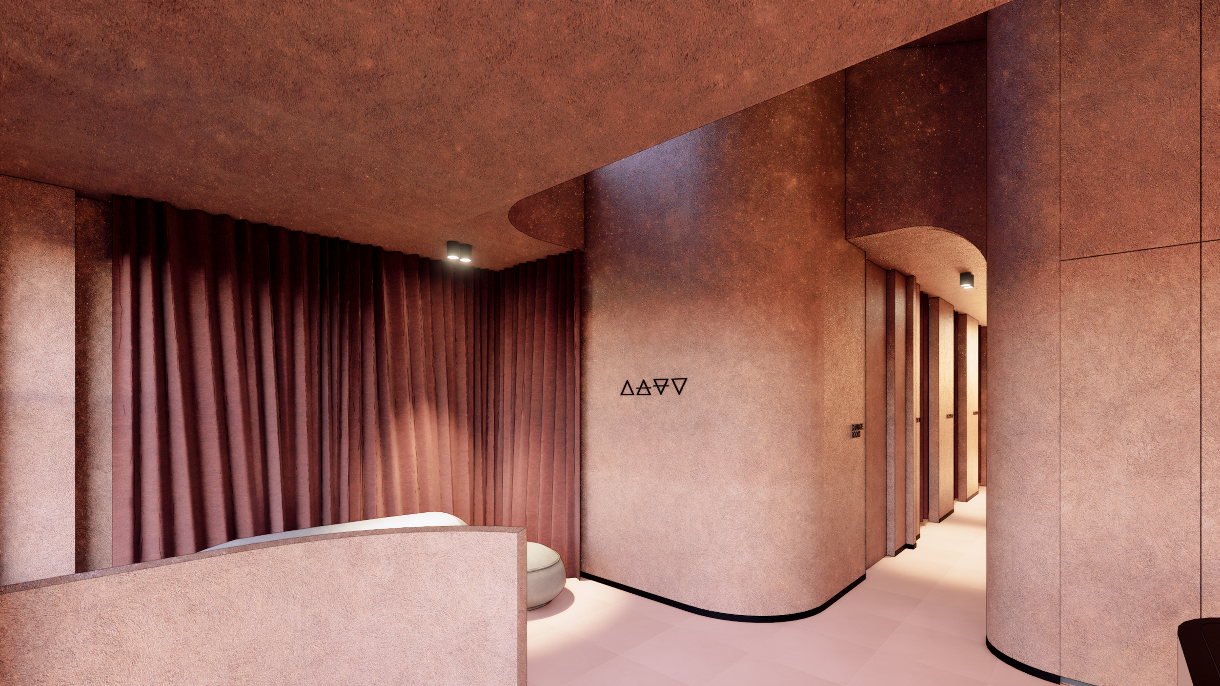 Modern interior space with pink walls, vertical pink curtains, a spherical white seating area, and a doorway with a curved wall leading to another room.
