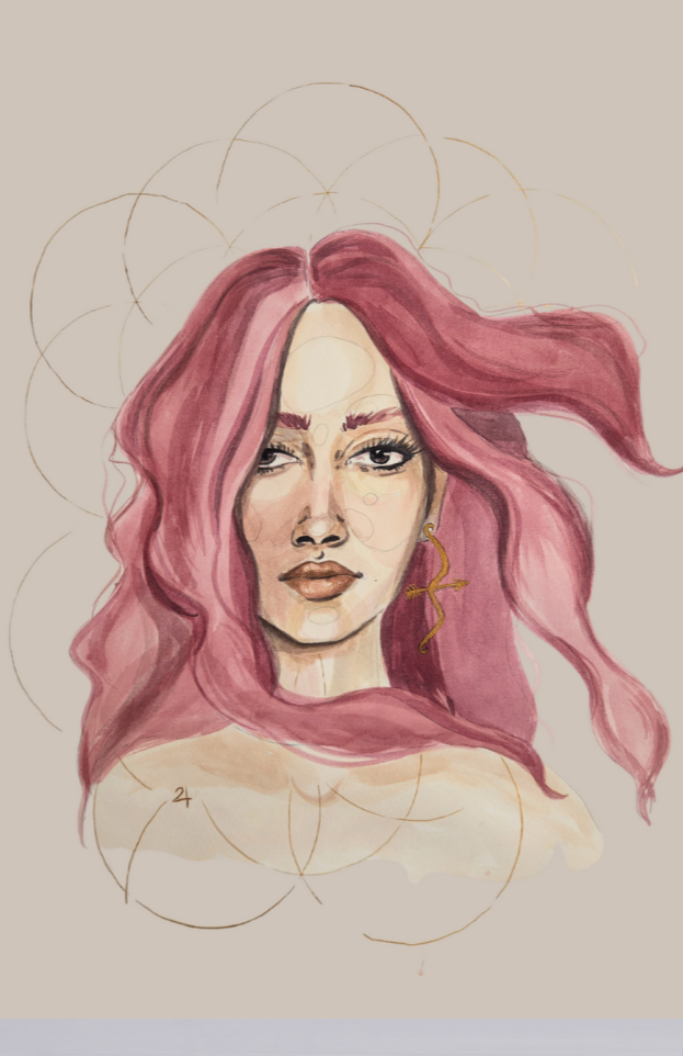 watercolour portrait of a confident woman with pink hair