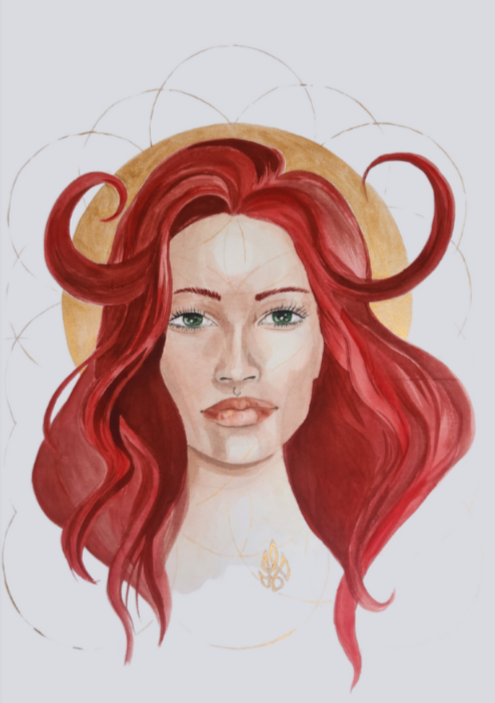 watercolour portrait of a woman with bright red hair and horns