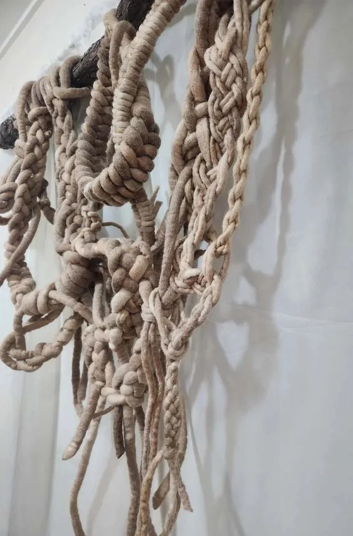 Multiple loosely knotted and braided fabric or yarn strips hanging against a light-colored wall.