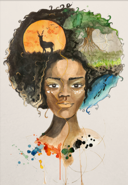 A watercolor illustration of a woman with natural curly hair, featuring a landscape scene inside her hair. The scene includes a sunset with a silhouette of a deer, a green tree, and a blue river, symbolizing nature and inner reflection.