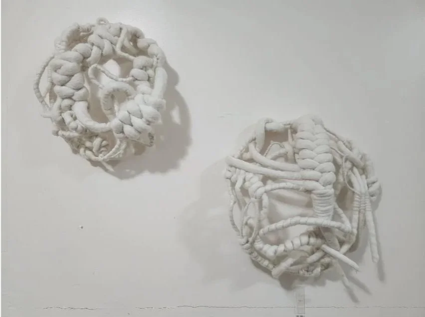 Two white, textured, abstract sculptures made of intertwined, soft-looking materials placed on a white surface.