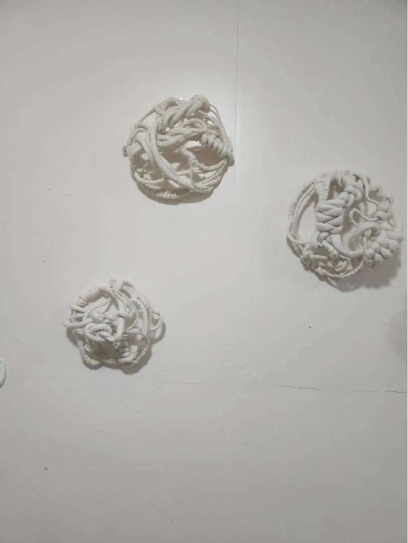 Three white woven wall sculptures hanging on a white wall.