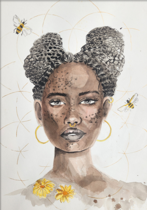 A watercolor portrait of a woman with natural textured hair styled in two large buns, wearing gold hoop earrings and nose ring. She has a confident expression with freckles, and two bees are flying nearby. Yellow flowers are at her shoulders, with a light background featuring circular patterns.