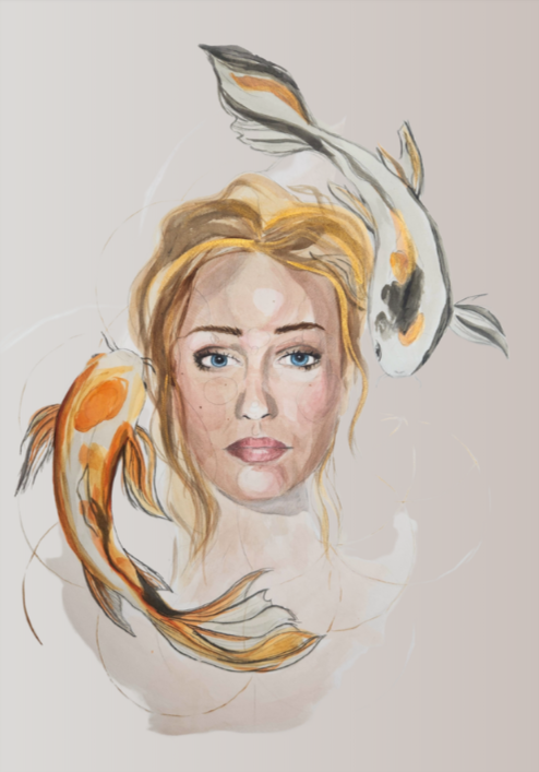 Painting of a woman's face surrounded by two koi fish, one orange and one black and white.