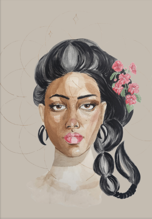 Watercolor portrait of a woman with dark hair, adorned with pink flowers on the right side, wearing hoop earrings and showcasing a confident expression.