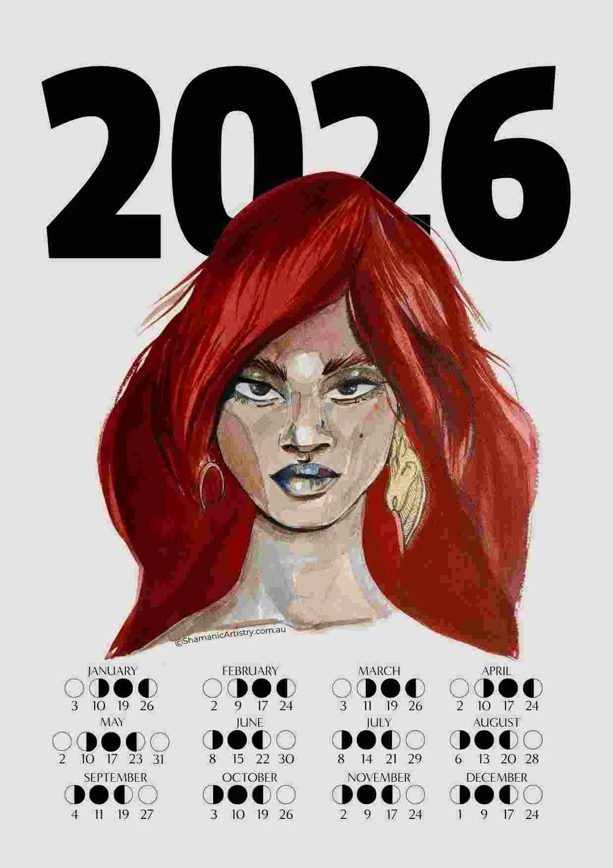 A 2026 calendar featuring a digital art portrait of a woman with red hair and metallic makeup, with the year "2026" displayed above her head.