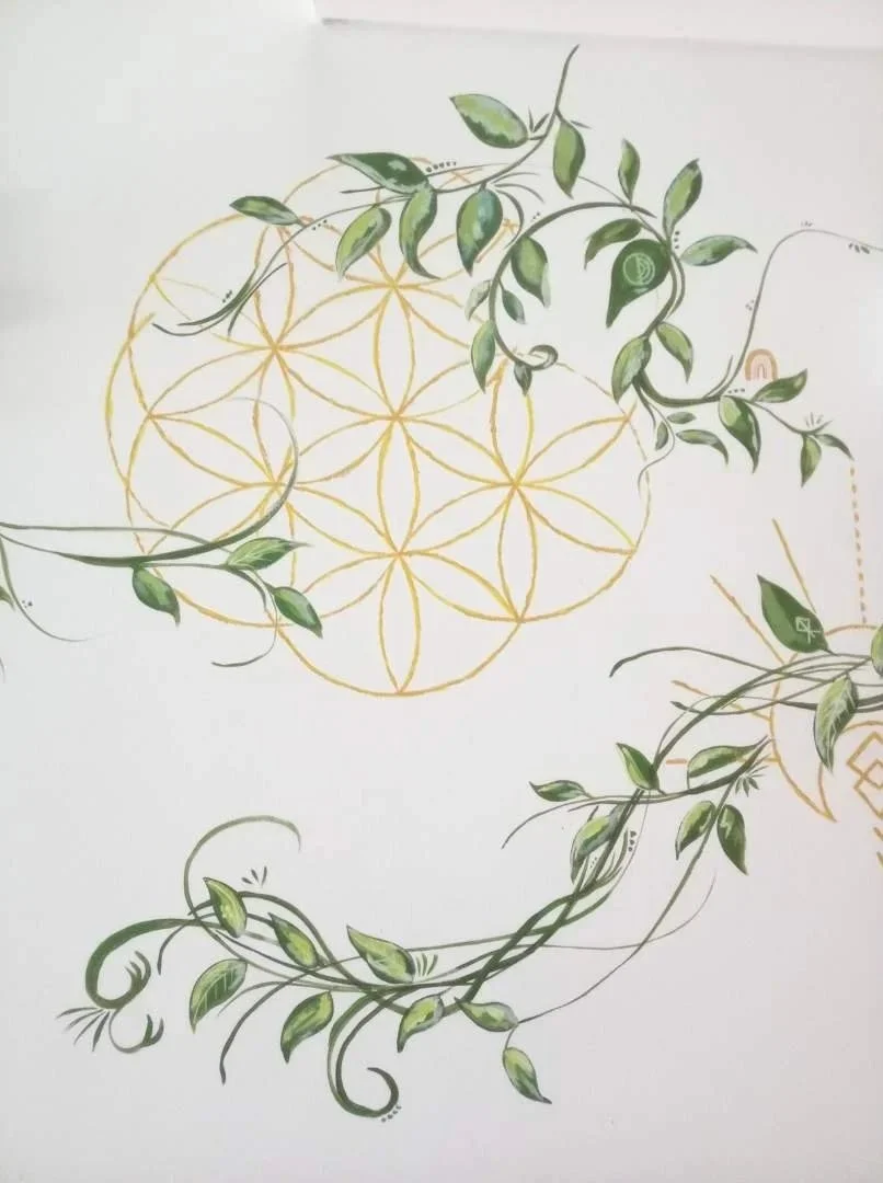 sacred geometry and leaves mural green and gold