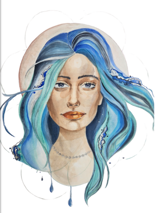 A watercolor portrait of a woman with blue and green wavy hair, wearing a beaded necklace and a wide-brimmed hat, with paint drips around the edges.