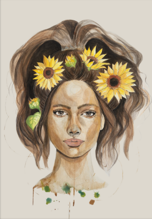 A watercolor painting of a woman with wavy brown hair adorned with sunflowers and green leaves.