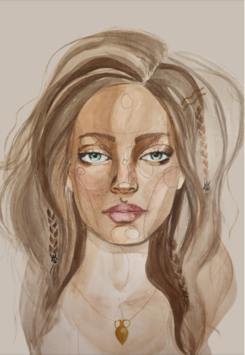 A watercolor portrait of a woman with long, tousled brown hair, blue eyes, full lips, and a confident expression, wearing a gold necklace with a heart-shaped pendant.