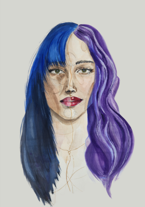 Watercolor portrait of a woman with long, wavy hair, half blue and half purple, wearing red lipstick and a delicate necklace.