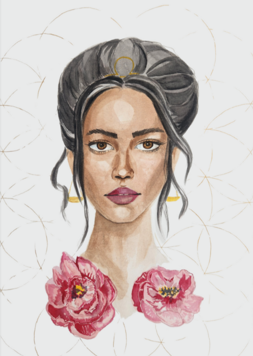 A portrait of a woman with dark hair styled in an updo, wearing gold earrings, and pink flowers on her chest, with a white background featuring faint circular patterns.