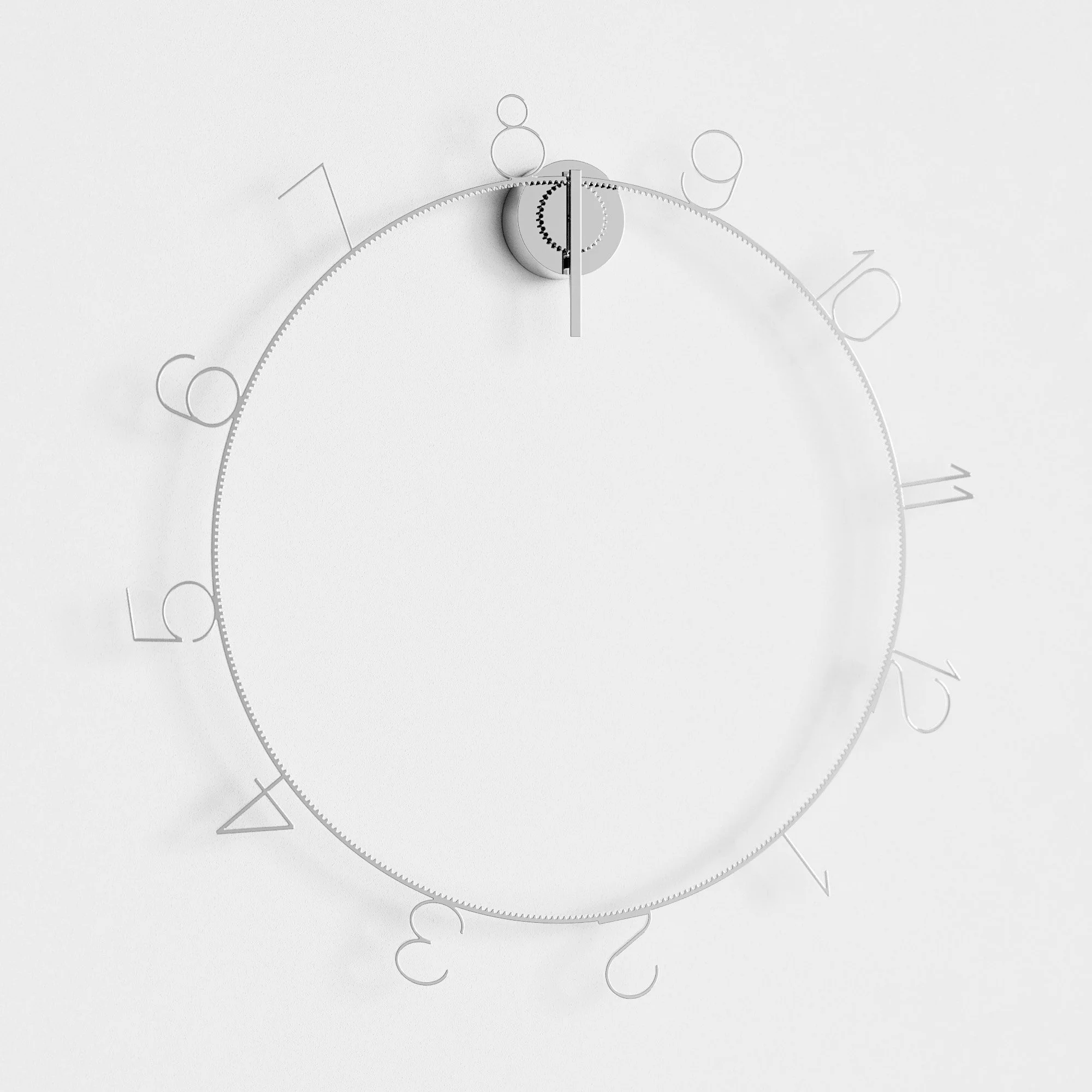 Minimalist round wall clock with black minute hand and no hour hand, with faint black numerals and lines on a white background.