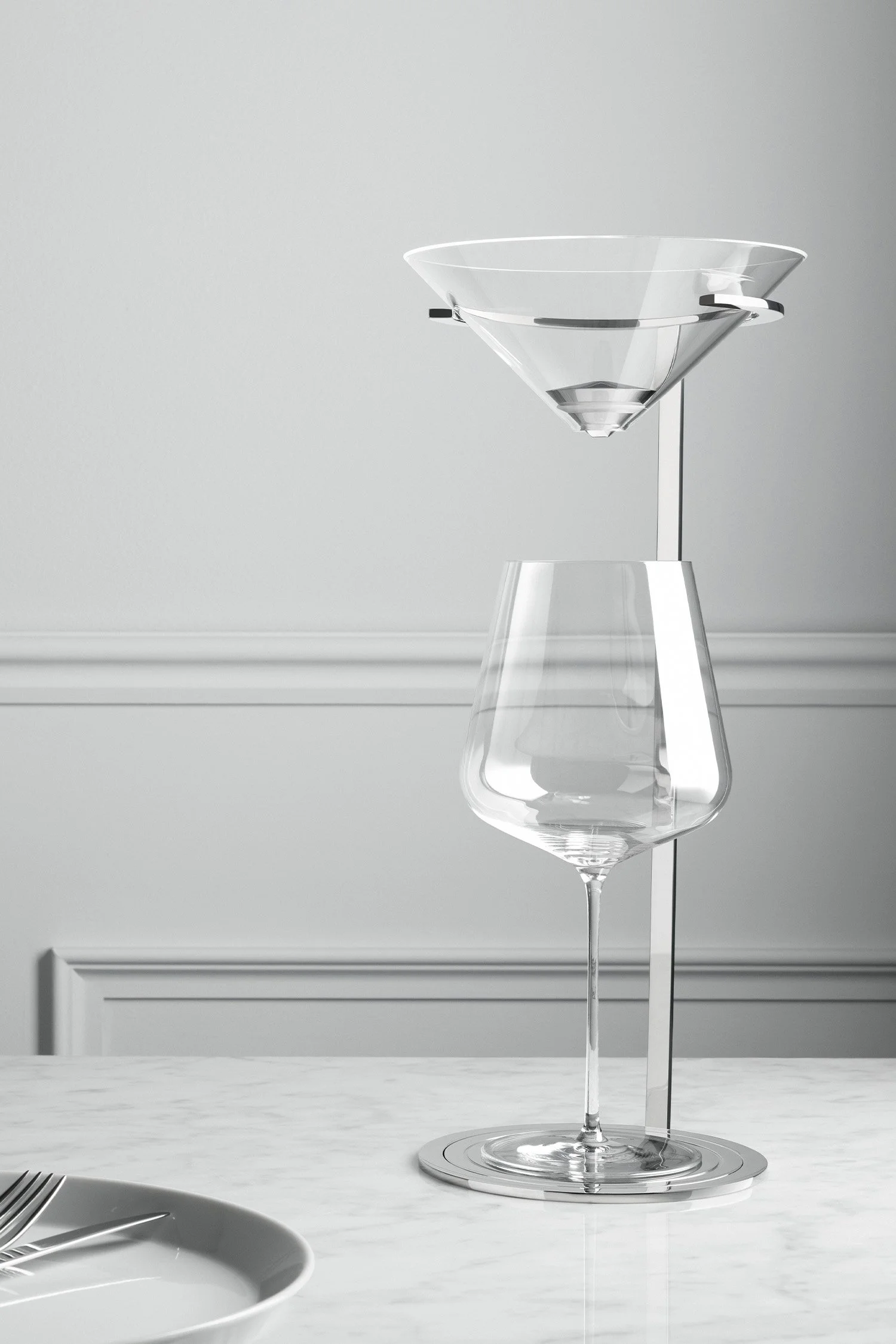 Mike Simonelli Product Design Suspense Wine Aerator On Marble Side View With Cutlery Portrait.jpg