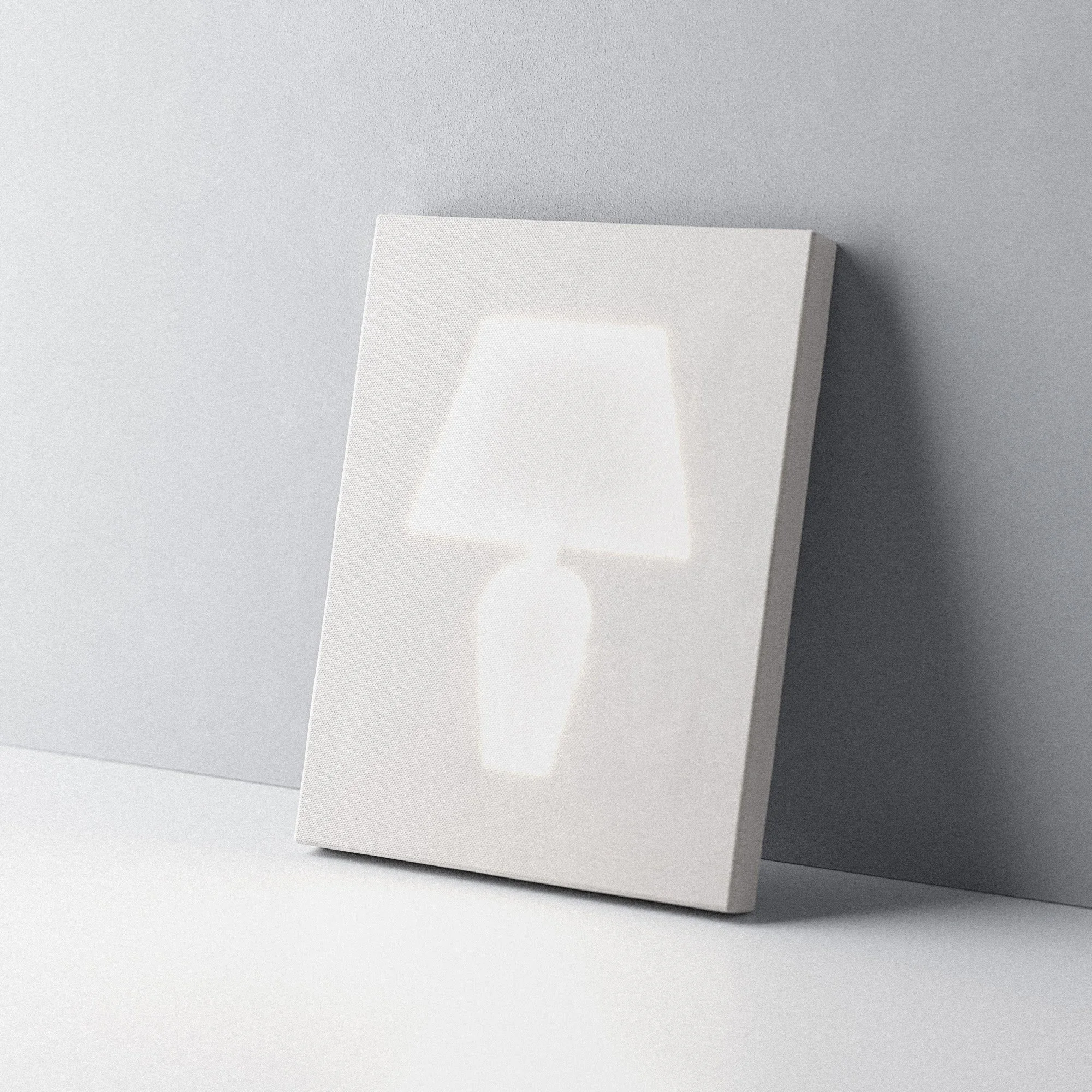 Blank white canvas with a subtle, minimalist lamp icon in the center, leaning against a light gray wall.